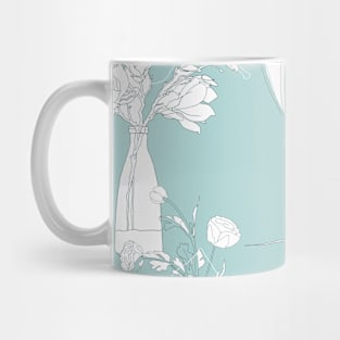 Flowers pattern with leafs in pastel color line art. Mug